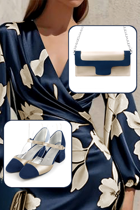 Navy blue and gold women's open side shoes, with an instep strap. Round toe. Low flare heels. Top view - Florence KOOIJMAN